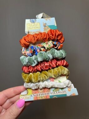 Anthropologie Mixed Texture Scrunchie Set — Rust, Sage, Mustard & Floral NWT